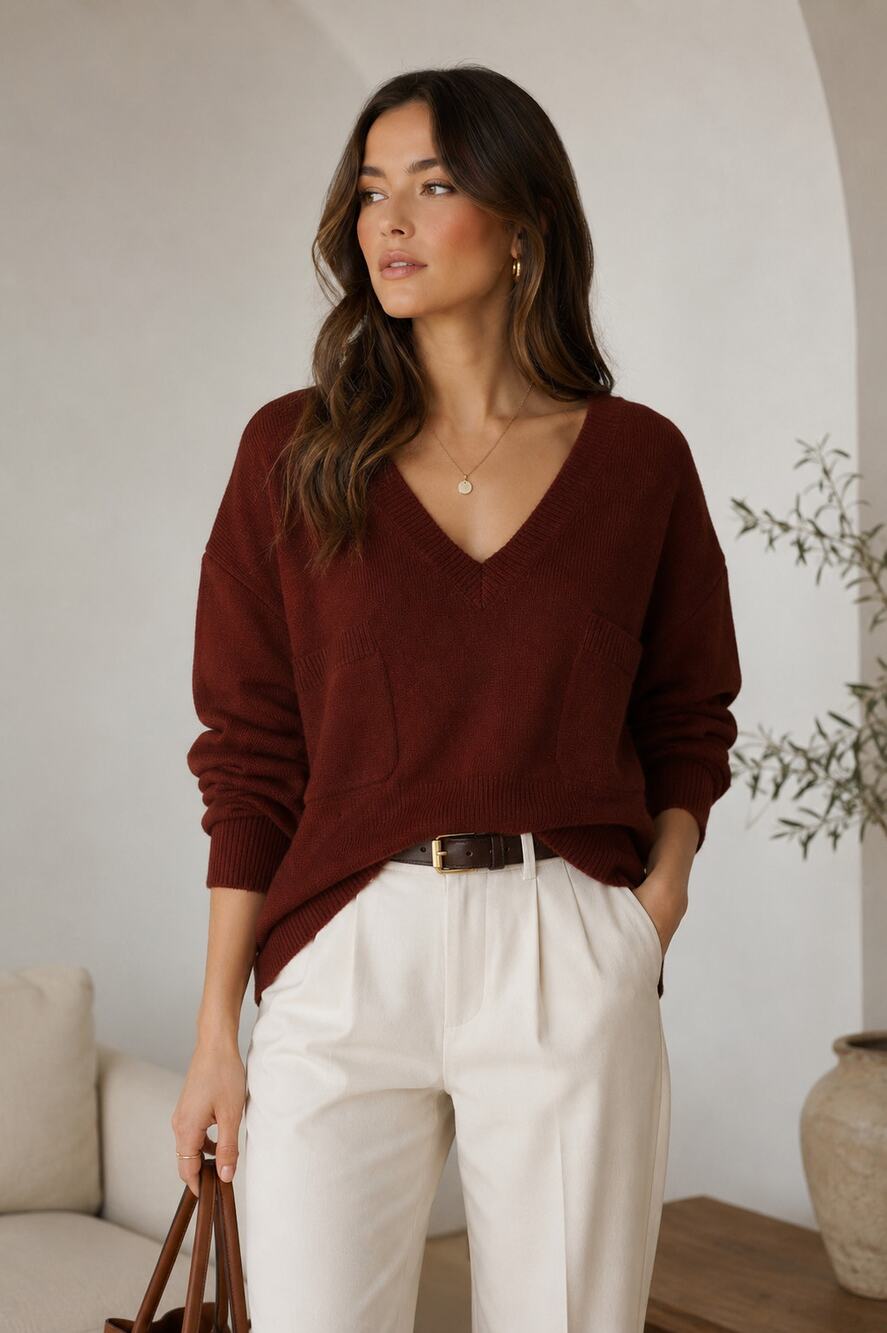 ✨🛍️ Chloe Burgundy Cashmere V-Neck Sweater - Medium